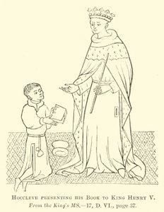 Hoccleve presenteert zijn boek aan koning Hendrik V