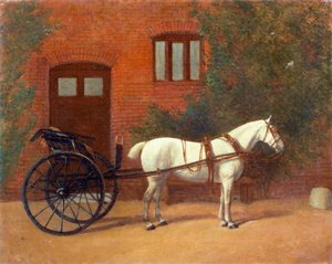 Paard vastgebonden aan een jauntingkar (paar bij 416406)