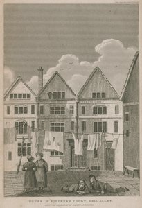 Huis in Pitchers Court, Bell Alley, ooit de residentie van Robert Bloomfield door English School