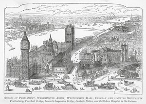 Houses of Parliament, Westminster Abbey, Westminster Hall, Krim- en Canningmonumenten (gravure)