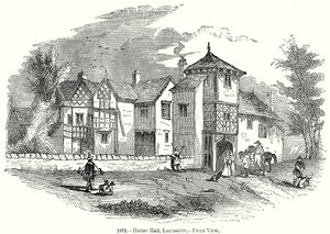 Hulme Hall, Laneashire. - Vooraanzicht (gravure) door English School