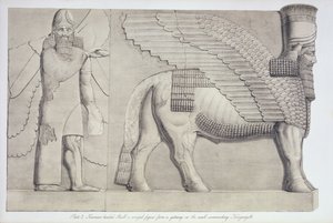 Menselijk hoofd stier en gevleugeld figuur van een poort op de muur rond Koujunjik, plaat 3 uit Nineveh en zijn overblijfselen door Austen Henry Layard (1817-94) gepubliceerd 1849