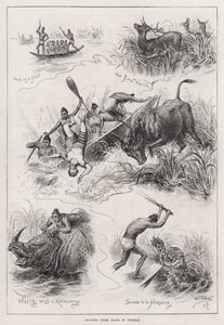 Jagen vanuit Boten in Birma (gravure) door English School