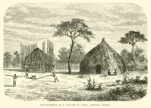Huttenbouw in een dorp van Uhiya, Centraal-Afrika door English School