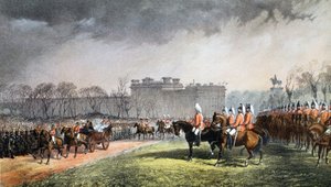 Hyde Park - De prinses passeert de lijnen van de vrijwilligers, 7 maart 1863, uit A Memorial of the Marriage of Edward VII and Alexandra of Denmark, pub. 1864