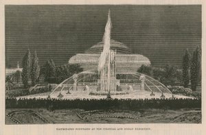 Verlichte fonteinen op de Koloniale en Indiase Tentoonstelling door English School