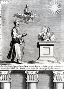 Illustratie van Zoroaster die vuur en de zon aanbidt door English School