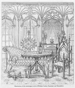 Illustratie van de extravagante stijl van Modern Gothic Furniture and Decoration, uit True Principles of Pointed of Christian Architecture, door Augustus Welby Pugin door English School