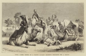 India, Kameelrijders van een inheems cavalerie regiment bereiden zich voor op een mars