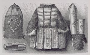 Indiase wapenrusting bestaande uit helm, tuniek, handschoenen en schoenen uit Bhuj, uit De Geschiedenis van de Mensheid, Vol.III, door Prof. Friedrich Ratzel, 1898 door English School