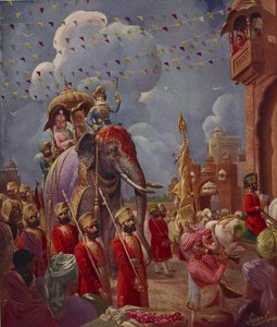 Indiase processie met olifant, schilderij door Sobha Singh, uit de Indiase Bijlage van Illustrated London News