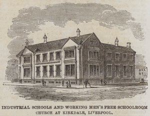 Industriële scholen en gratis schoolkerk voor arbeiders in Kirkdale, Liverpool (gravure)