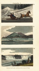 Inwoners van Quebec rijden met een door paarden getrokken slee op ijs, uitzicht op Montreal en uitzicht op de Niagara Falls door English School