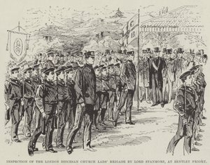 Inspectie van de Londense diocesane kerkbrigade door Lord Stanmore, bij Bentley Priory (gravure) door English School