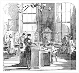 Instrumentenkamer in het Electric Telegraph Office, Lothbury, Londen, uit The Museum of Science and Art door Dionysius Lardner, c.1860