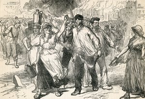 Opstandelingen die de straten van Parijs verwoesten, genomen uit Cassells geïllustreerde geschiedenis, 1872 door English School