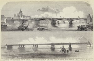 Voorgenomen nieuwe Blackfriars Bridge, Londen, de London, Chatham en Dover Railway Bridge, bij Blackfriars door English School