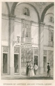 Interieur van Lowther Arcade, Strand, Londen, met Harrison, juwelier en zilversmid