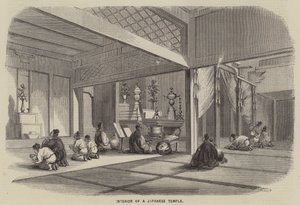 Interieur van een Japanse tempel (gravure)
