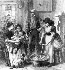 Interieur van een mijnwerkershuisje (gravure)