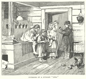 Interieur van een Russische "Izba" (gravure)