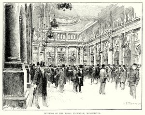 Interieur van de Royal Exchange, Manchester (gravure) door English School