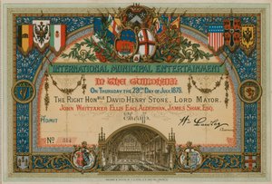 Uitnodiging voor Internationaal Gemeentelijk Vermaak in de Guildhall, Londen, op 29 juli 1875 door English School