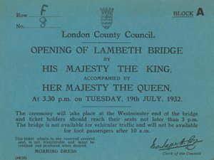 Uitnodiging voor de opening van Lambeth Bridge door English School