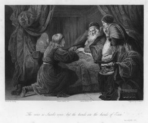 Isaak zegent Jakob, Genesis XXVII, 22 (gravure)