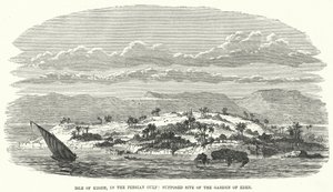 Eiland Kishm, in de Perzische Golf, veronderstelde locatie van de Hof van Eden (gravure) door English School
