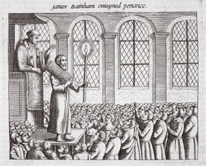 James Bainham opgelegd boetedoening, illustratie uit Handelingen en Monumenten van John Foxe, negende editie, uitgegeven 1684 door English School