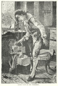 James Watt in zijn werkplaats (gravure) door English School