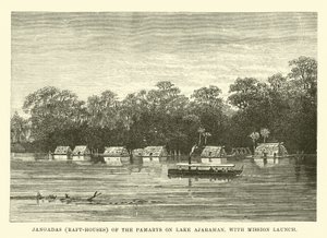Jangadas (vlot-huizen) van de Pamarys op het Ajarahanmeer, met missieboot door English School