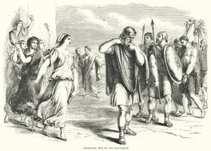Jephthah wordt begroet door zijn dochter (gravure)