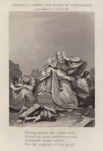 Jeremia tussen de ruïnes van Jeruzalem, Klaagliederen I, vers 12 door English School