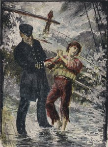 John Alexander Strachan, kapitein van het stoomschip Cyprian, geeft zijn reddingsvest aan een jonge verstekeling voordat het schip verging in een storm voor de kust van Wales in 1881 door English School