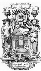 Boekplaat van John Andrews Circulating Library door Joseph Shepperd, uitgegeven in Calcutta, 1774 door English School