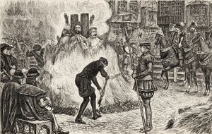 John Bland, John Frankesh, Nicholas Sheterden en Humphrey Middleton levend verbrand wegens ketterij in de 16e eeuw, c.1865 (houtsnede) door English School