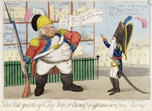John Bull Bewaakt de Speelgoedwinkel, of Boney Huilt om Meer Speelgoed, uitgegeven door S.W. Fores, 1803