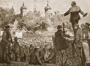 John Burns spreekt een bijeenkomst van dokwerkers toe op Tower Hill, 1889, illustratie uit Cassells Geïllustreerde Geschiedenis van Engeland door English School