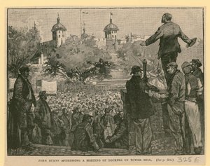 John Burns spreekt een bijeenkomst van dokwerkers toe op Tower Hill door English School