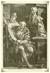 Johannes Gutenberg toont een deel van het eerste gedrukte boek aan Faust door English School
