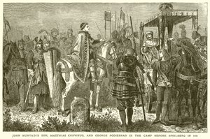 Zoon van John Hunyadi, Matthias Corvinus, en George Podiebrad in het kamp voor Spielberg in 1468 door English School