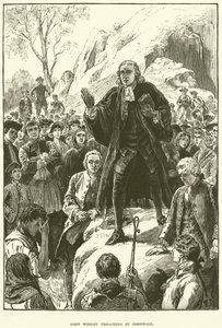 John Wesley, predikend in Cornwall (gravure) door English School