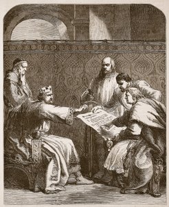 John die weigert de artikelen van de baronnen te ondertekenen, illustratie uit Cassells Illustrated History of England door English School