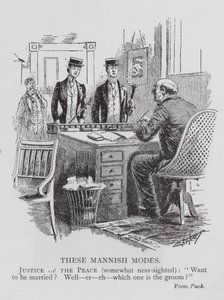 Vrederechter heeft moeite de bruid van de bruidegom te onderscheiden door mannelijke mode (gravure)