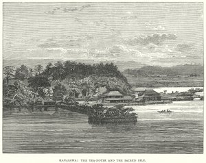 Kanasawa: Het theehuis en het heilige eiland (gravure) door English School