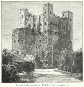 Keep van het kasteel van Rochester. Gebouwd tussen 1126 en 1139 (gravure) door English School