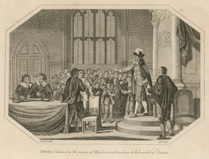 Koning Karel I eist de personen van de vijf leden die hij van verraad beschuldigde door English School