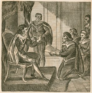 Koning Charles I ontvangt een petitie van de Commons om hen de macht te geven legers te heffen door English School